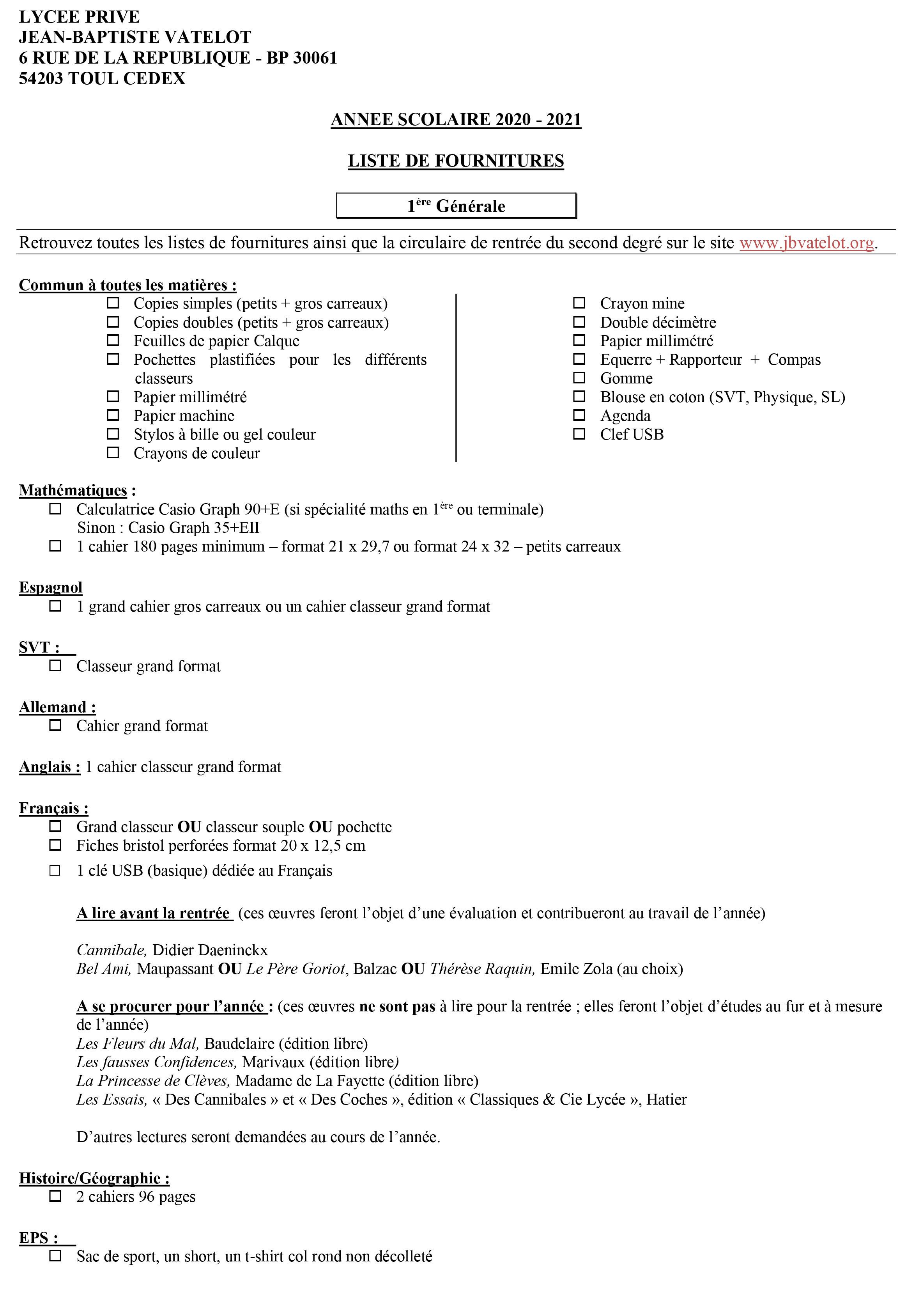 Liste de fournitures scolaire 1ère Générale