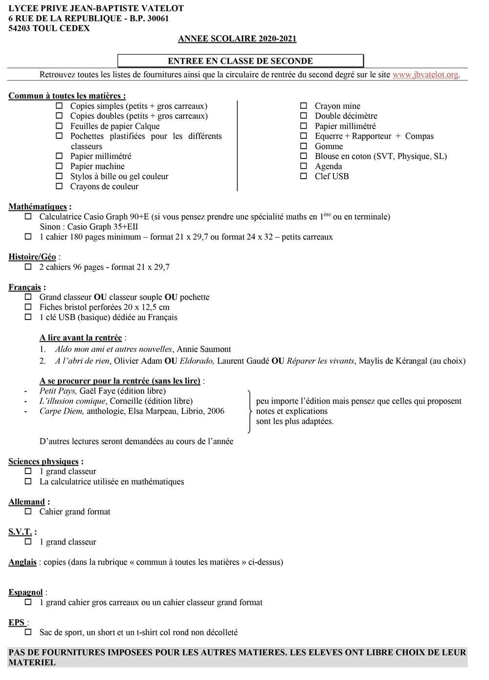 Liste de fournitures scolaire Seconde