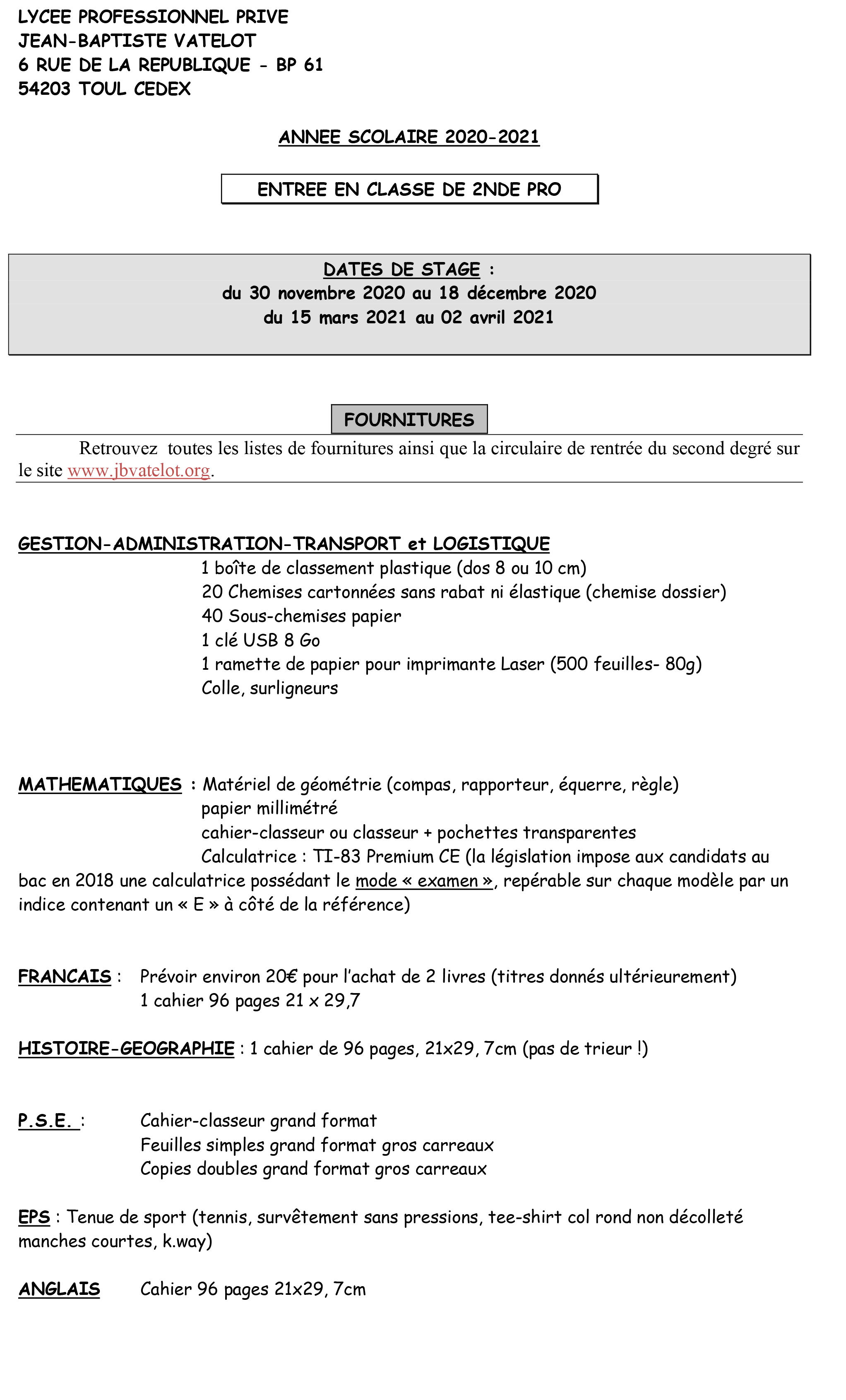 Liste de fournitures scolaire  2nde PRO