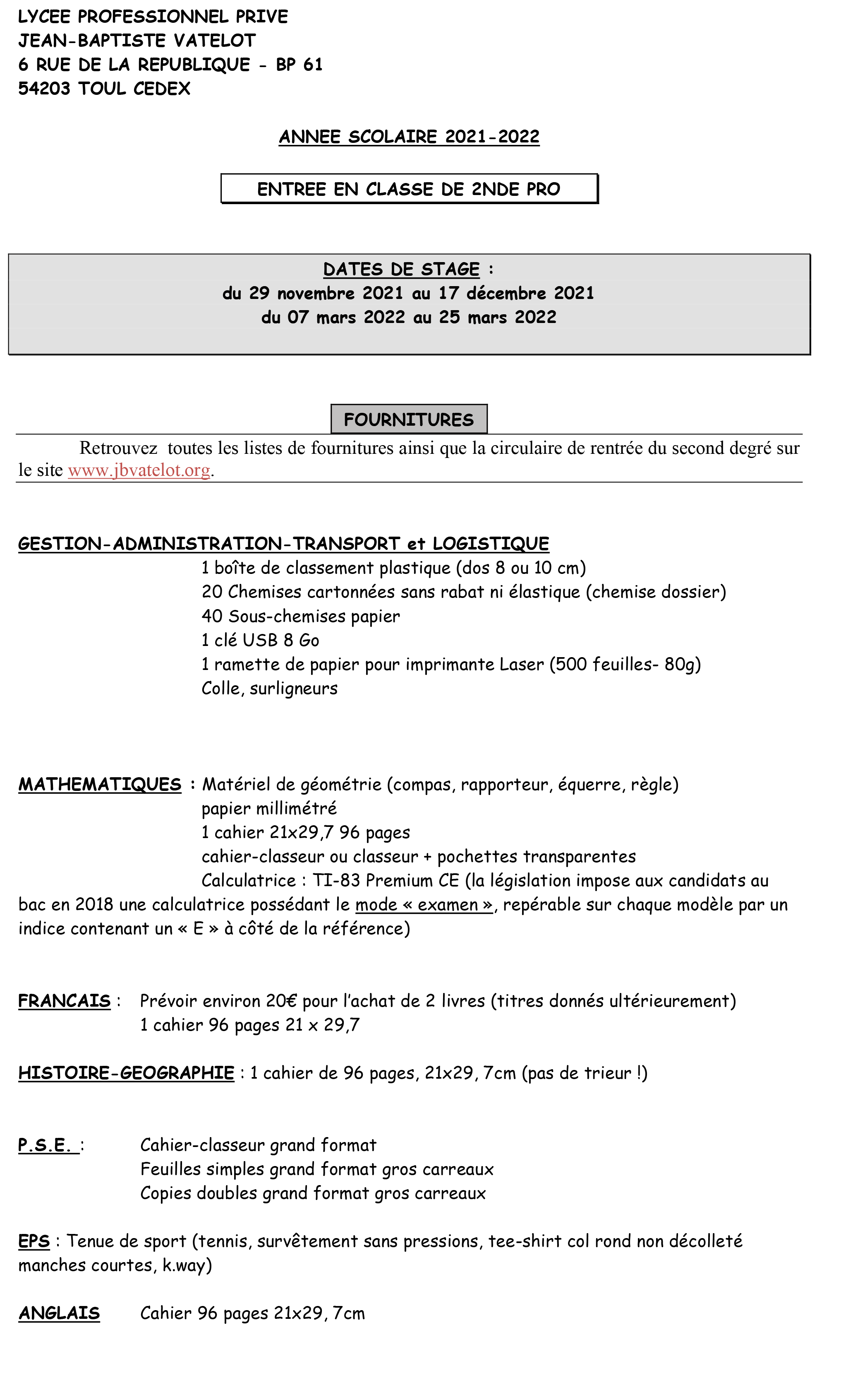 Liste de fournitures scolaire 2nde PRO