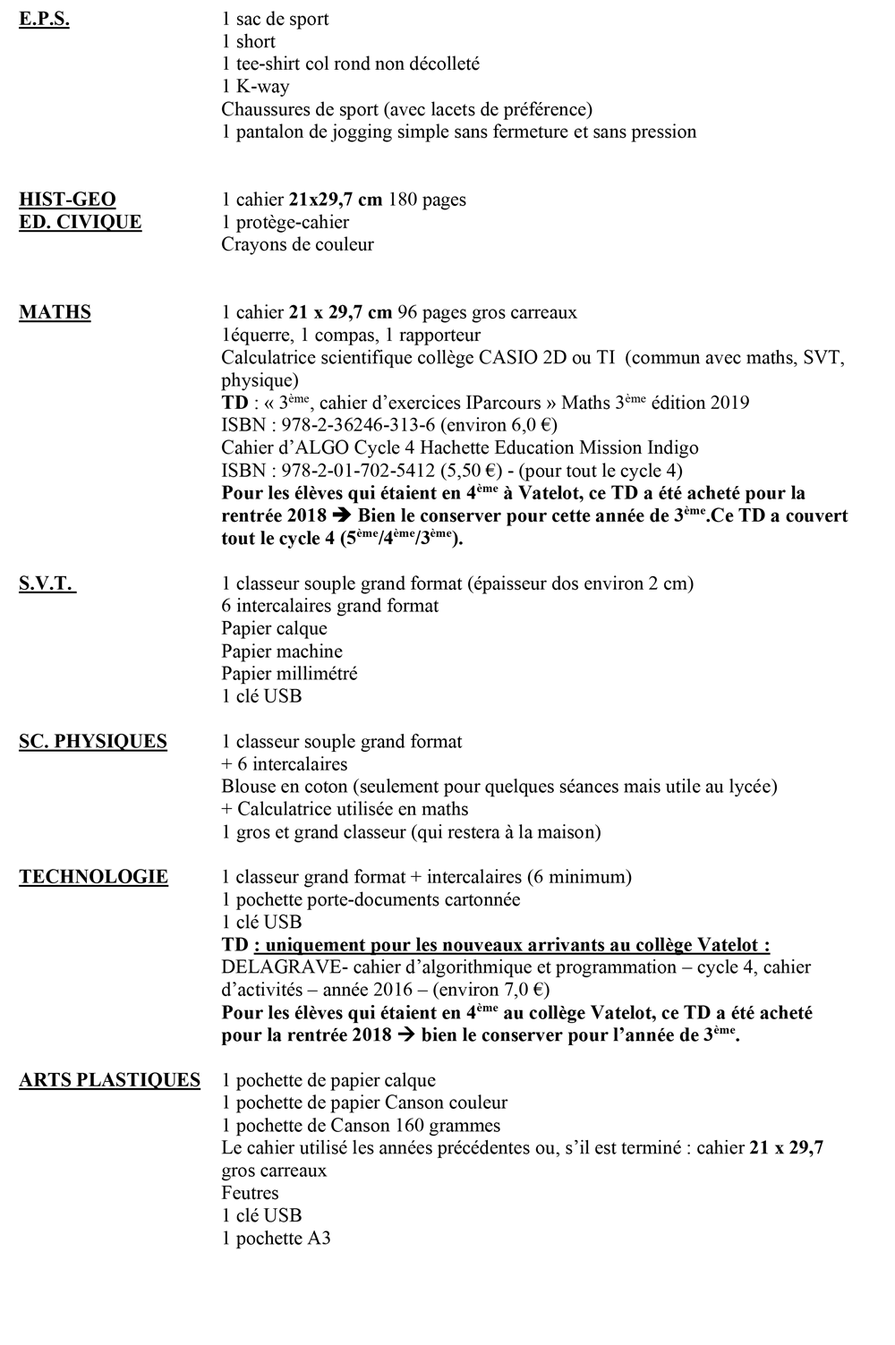 Liste de fournitures scolaire 3ème