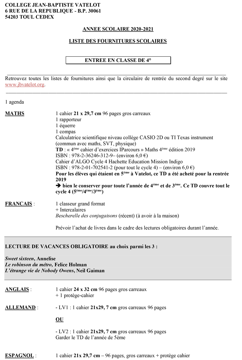 Liste de fournitures scolaire 4ème