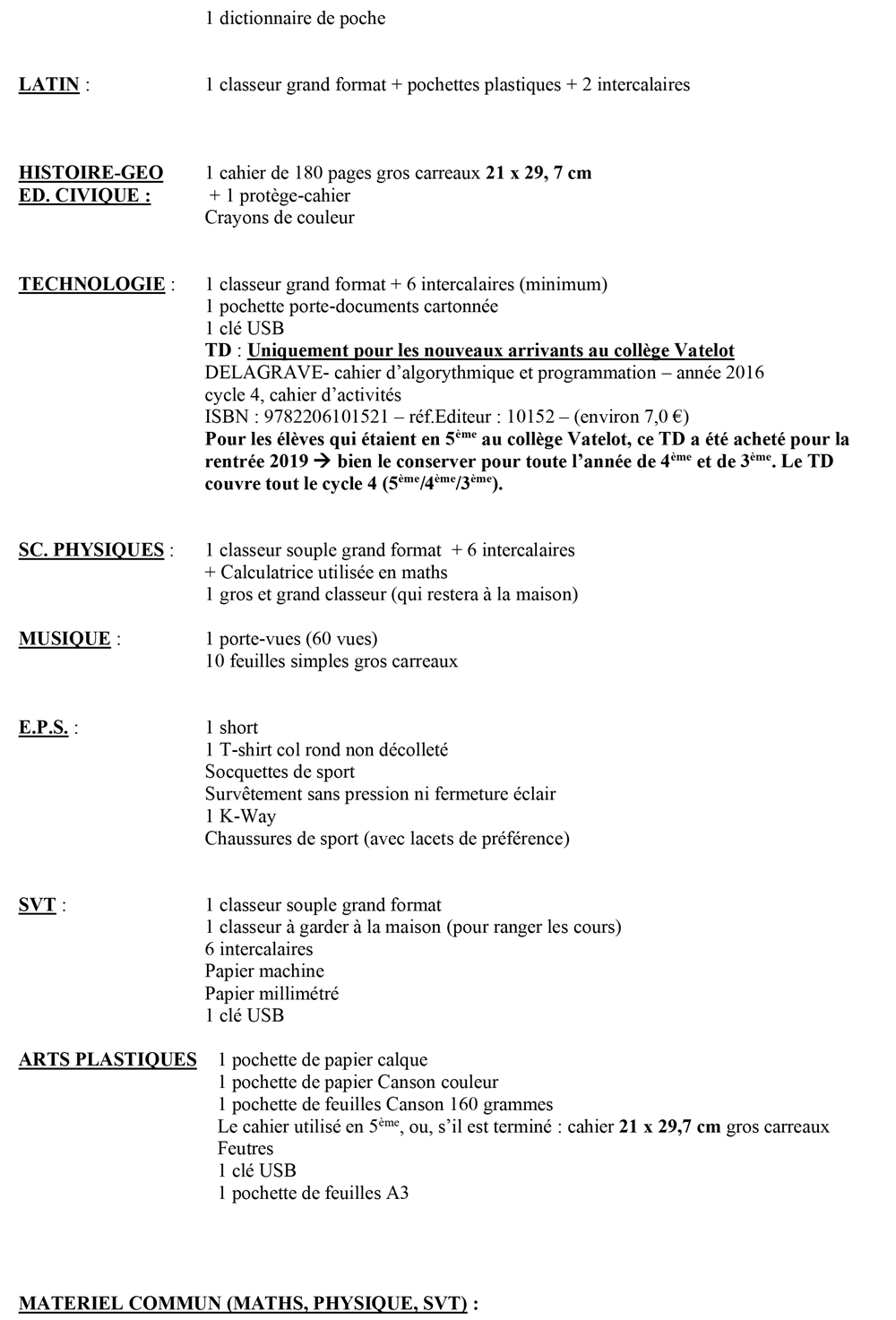 Liste de fournitures scolaire 4ème