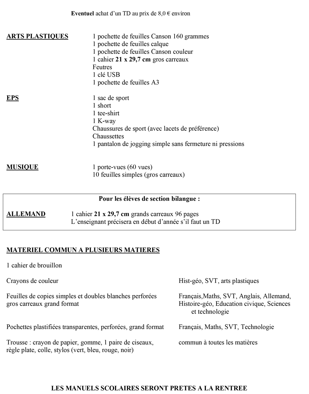 Liste de fournitures scolaire 6ème